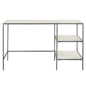 Dovetail Baxter 51" White Marble and Antique Nickel Finished Iron Framed Writing Desk with Shelves AX044