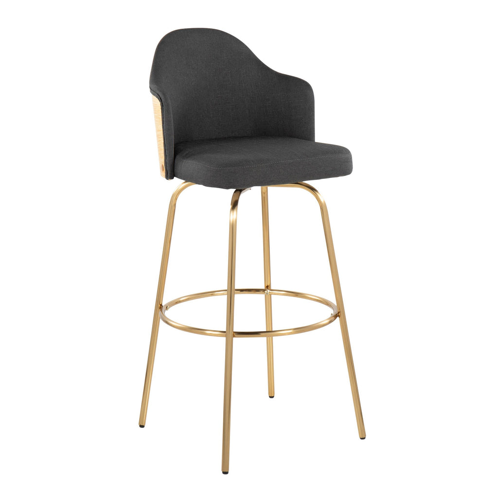 Ahoy Contemporary Fixed-Height Bar Stool with Gold Metal Legs and Round Gold Metal Footrest with Charcoal Fabric Seat and Natural Bamboo Back by LumiSource - Set of 2
