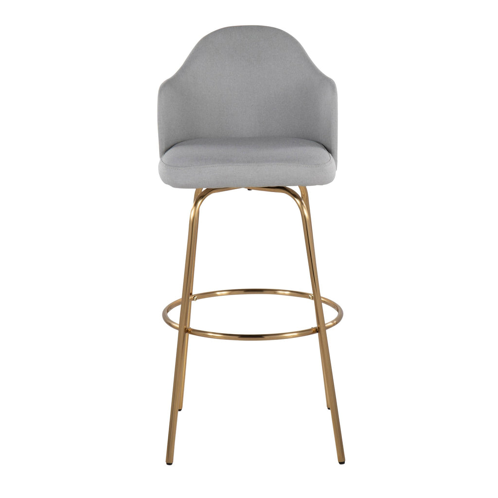 Ahoy Contemporary Fixed-Height Bar Stool with Gold Metal Legs and Round Gold Metal Footrest with Light Grey Fabric Seat and Natural Bamboo Back by LumiSource - Set of 2
