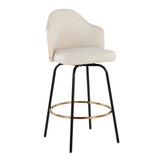 Ahoy Contemporary Fixed-Height Bar Stool with Black Metal Legs and Round Gold Metal Footrest with Cream Fabric Seat and Natural Bamboo Back by LumiSource - Set of 2