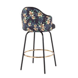 Ahoy Contemporary Fixed-Height Counter Stool with Black Metal Legs and Round Gold Metal Footrest with Black Fabric Seat and Floral Print Accent by LumiSource - Set of 2