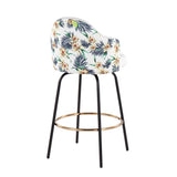 Ahoy Contemporary Fixed-Height Counter Stool with Black Metal Legs and Round Gold Metal Footrest with White Fabric Seat and Floral Print Accent by LumiSource - Set of 2