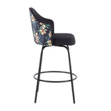 Ahoy Contemporary Fixed-Height Counter Stool in Black Metal and Black Fabric with Floral Print Accent by LumiSource - Set of 2