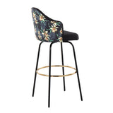 Ahoy Contemporary Fixed-Height Bar Stool with Black Metal Legs and Round Gold Metal Footrest with Black Fabric Seat and Floral Print Accent by LumiSource - Set of 2
