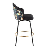 Ahoy Contemporary Fixed-Height Bar Stool with Black Metal Legs and Round Gold Metal Footrest with Black Fabric Seat and Floral Print Accent by LumiSource - Set of 2