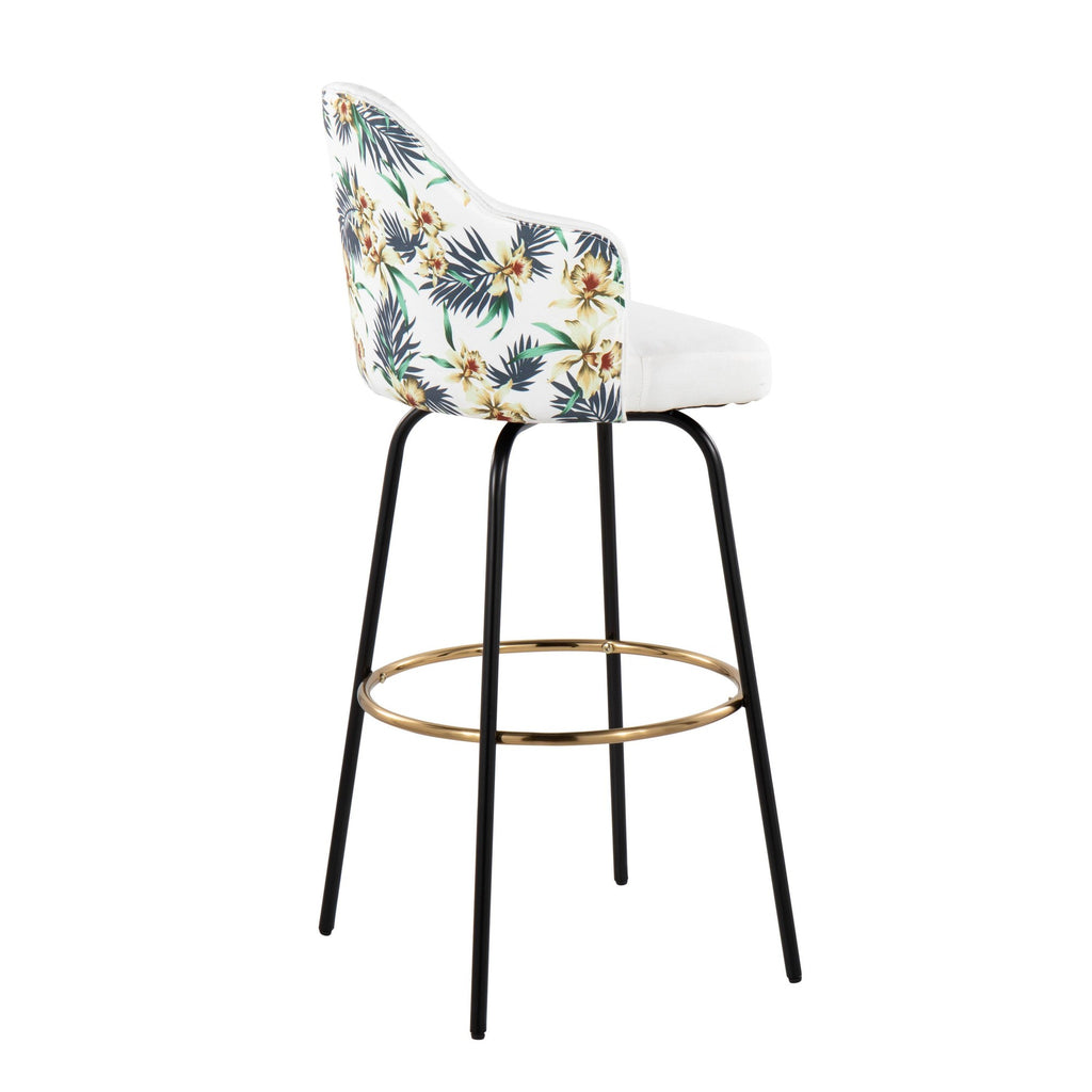 Ahoy Contemporary Fixed-Height Bar Stool with Black Metal Legs and Round Gold Metal Footrest with White Fabric Seat and Floral Print Accent by LumiSource - Set of 2