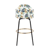 Ahoy Contemporary Fixed-Height Bar Stool with Black Metal Legs and Round Gold Metal Footrest with White Fabric Seat and Floral Print Accent by LumiSource - Set of 2