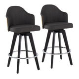Ahoy Contemporary 26" Fixed-Height Counter Stool with Black Wood Legs and Round Chrome Metal Footrest with Charcoal Fabric Seat and Natural Bamboo Back by LumiSource - Set of 2