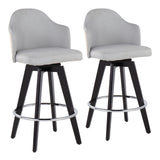 Ahoy Contemporary 26" Fixed-Height Counter Stool with Black Wood Legs and Round Chrome Metal Footrest with Light Grey Fabric Seat and Natural Bamboo Back by LumiSource - Set of 2