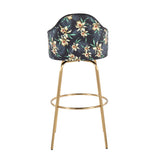 Ahoy Contemporary Fixed-Height Bar Stool with Gold Metal Legs and Round Gold Metal Footrest with Black Fabric Seat and Floral Print Accent by LumiSource - Set of 2