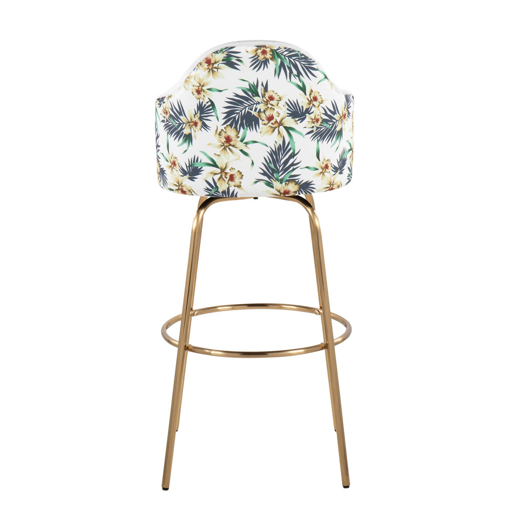 Ahoy Contemporary Fixed-Height Bar Stool with Gold Metal Legs and Round Gold Metal Footrest with White Fabric Seat and Floral Print Accent by LumiSource - Set of 2