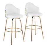 Ahoy Contemporary Fixed-Height Bar Stool with Gold Metal Legs and Round Gold Metal Footrest with White Fabric Seat and Floral Print Accent by LumiSource - Set of 2