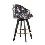 Ahoy Contemporary 26" Fixed-Height Counter Stool with Black Wood Legs and Round Gold Metal Footrest with Black Fabric Seat and Floral Print Accent by LumiSource - Set of 2