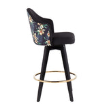Ahoy Contemporary 26" Fixed-Height Counter Stool with Black Wood Legs and Round Gold Metal Footrest with Black Fabric Seat and Floral Print Accent by LumiSource - Set of 2
