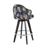 Ahoy Contemporary 26" Fixed-Height Counter Stool with Black Wood Legs and Round Chrome Metal Footrest with Black Fabric Seat and Floral Print Accent by LumiSource - Set of 2
