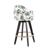 Ahoy Contemporary 26" Fixed-Height Counter Stool with Black Wood Legs and Round Gold Metal Footrest with White Fabric Seat and Floral Print Accent by LumiSource - Set of 2
