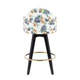 Ahoy Contemporary 26" Fixed-Height Counter Stool with Black Wood Legs and Round Gold Metal Footrest with White Fabric Seat and Floral Print Accent by LumiSource - Set of 2