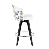 Ahoy Contemporary 26" Fixed-Height Counter Stool with Black Wood Legs and Round Chrome Metal Footrest with White Fabric Seat and Floral Print Accent by LumiSource - Set of 2