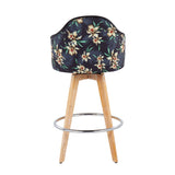 Ahoy Contemporary Fixed-Height Counter Stool with Natural Bamboo Legs and Round Chrome Footrest with Black Fabric Seat and Floral Print Accent by LumiSource - Set of 2