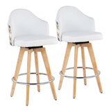 Ahoy Contemporary Fixed-Height Counter Stool with Natural Bamboo Legs and Round Chrome Footrest with White Fabric Seat and Floral Print Accent by LumiSource - Set of 2
