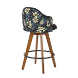 Ahoy Contemporary Fixed-Height Counter Stool with Walnut Bamboo Legs and Round Black Metal Footrest with Black Fabric Seat and Floral Print Accent by LumiSource - Set of 2