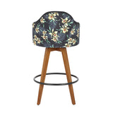 Ahoy Contemporary Fixed-Height Counter Stool with Walnut Bamboo Legs and Round Black Metal Footrest with Black Fabric Seat and Floral Print Accent by LumiSource - Set of 2
