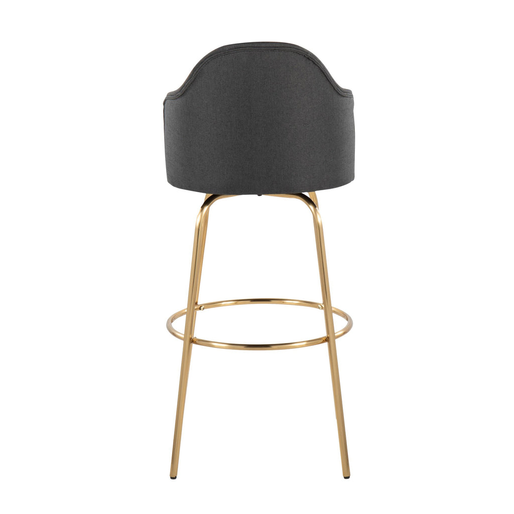 Ahoy Contemporary Fixed-Height Bar Stool with Gold Metal Legs and Round Gold Metal Footrest with Charcoal Fabric Seat by LumiSource - Set of 2