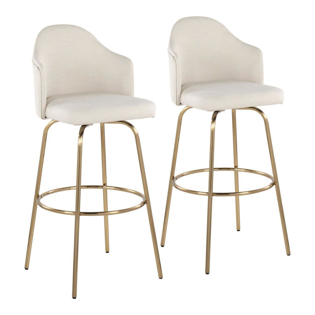 Ahoy Contemporary Fixed-Height Bar Stool with Gold Metal Legs and Round Gold Metal Footrest with Cream Fabric Seat by LumiSource - Set of 2
