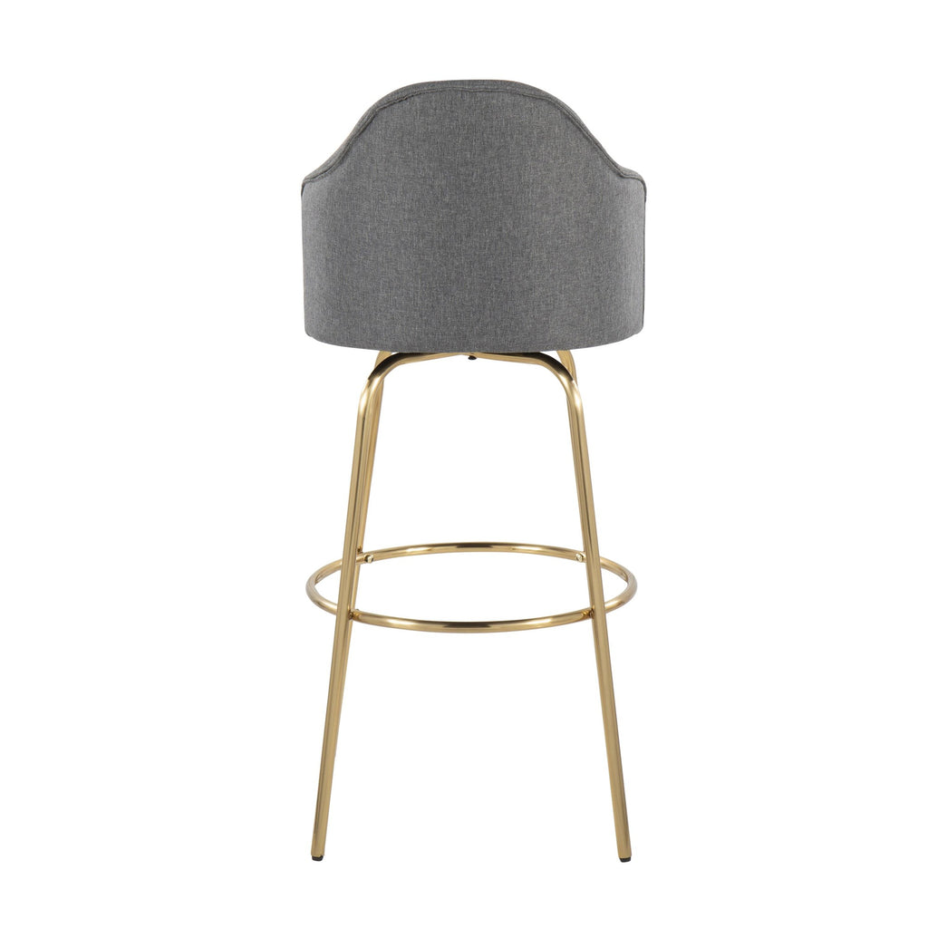 Ahoy Contemporary Fixed-Height Bar Stool with Gold Metal Legs and Round Gold Metal Footrest with Grey Fabric Seat by LumiSource - Set of 2