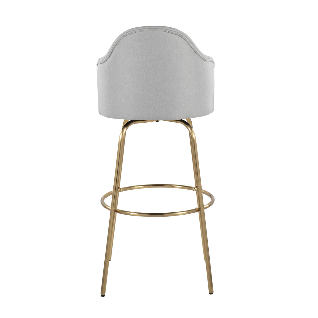 Ahoy Contemporary Fixed-Height Bar Stool with Gold Metal Legs and Round Gold Metal Footrest with Light Grey Fabric Seat by LumiSource - Set of 2