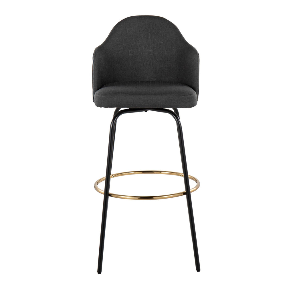 Ahoy Contemporary Fixed-Height Bar Stool with Black Metal Legs and Round Gold Metal Footrest with Charcoal Fabric Seat by LumiSource - Set of 2