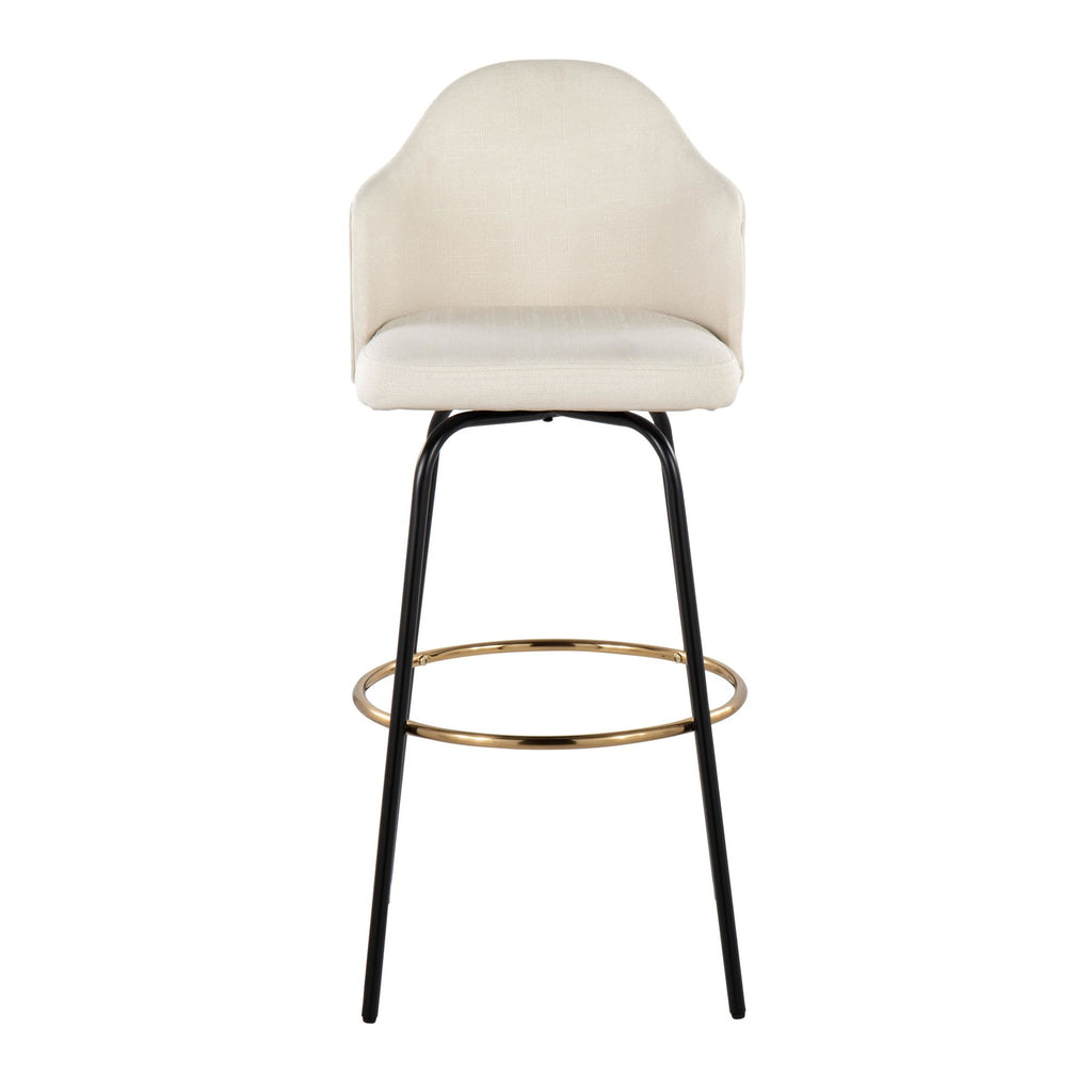 Ahoy Contemporary Fixed-Height Bar Stool with Black Metal Legs and Round Gold Metal Footrest with Cream Fabric Seat by LumiSource - Set of 2