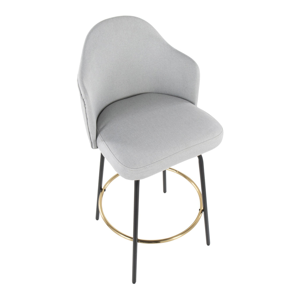 Ahoy Contemporary Fixed-Height Bar Stool with Black Metal Legs and Round Gold Metal Footrest with Light Grey Fabric Seat by LumiSource - Set of 2