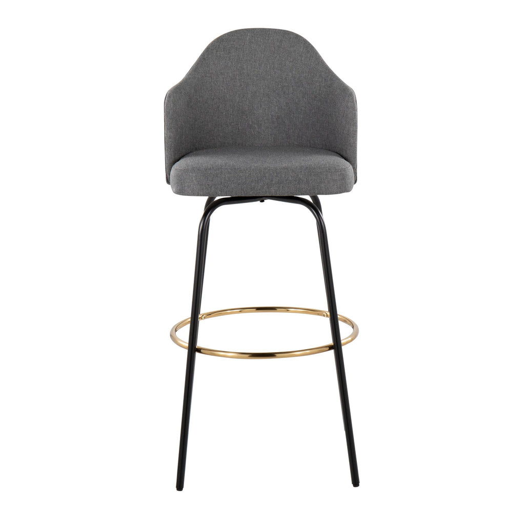 Ahoy Contemporary Fixed-Height Bar Stool with Black Metal Legs and Round Gold Metal Footrest with Grey Fabric Seat by LumiSource - Set of 2