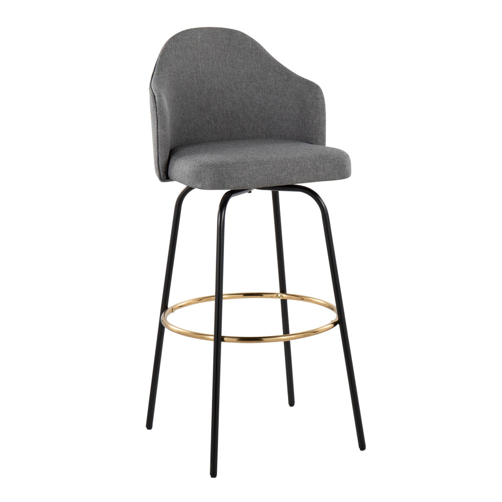 Ahoy Contemporary Fixed-Height Bar Stool with Black Metal Legs and Round Gold Metal Footrest with Grey Fabric Seat by LumiSource - Set of 2