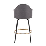 Ahoy Contemporary Fixed-Height Counter Stool with Black Metal Legs and Round Gold Metal Footrest with Grey Fabric Seat by LumiSource - Set of 2