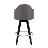 Ahoy Contemporary 26" Fixed-Height Counter Stool with Black Wood Legs and Round Chrome Metal Footrest with Grey Fabric Seat by LumiSource - Set of 2