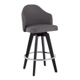 Ahoy Contemporary 26" Fixed-Height Counter Stool with Black Wood Legs and Round Chrome Metal Footrest with Grey Fabric Seat by LumiSource - Set of 2
