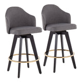 Ahoy Contemporary 26" Fixed-Height Counter Stool with Black Wood Legs and Round Gold Metal Footrest with Grey Fabric Seat by LumiSource - Set of 2
