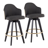 Ahoy Contemporary 26" Fixed-Height Counter Stool with Black Wood Legs and Round Gold Metal Footrest with Charcoal Fabric Seat and Natural Bamboo Back by LumiSource - Set of 2