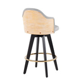 Ahoy Contemporary 26" Fixed-Height Counter Stool with Black Wood Legs and Round Gold Metal Footrest with Light Grey Fabric Seat and Natural Bamboo Back by LumiSource - Set of 2