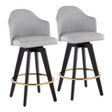 Ahoy Contemporary 26" Fixed-Height Counter Stool with Black Wood Legs and Round Gold Metal Footrest with Light Grey Fabric Seat and Natural Bamboo Back by LumiSource - Set of 2