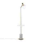Ana Glam Floor Lamp in Gold Metal with White Marble Base, White Wood Shelf, and White Plastic Shade by LumiSource