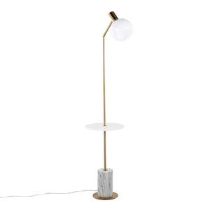 Ana Glam Floor Lamp in Gold Metal with White Marble Base, White Wood Shelf, and White Plastic Shade by LumiSource