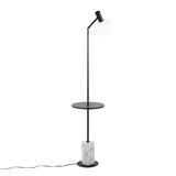 Ana Glam Floor Lamp in Black Metal with White Marble Base, Black Wood Shelf, and White Plastic Shade by LumiSource