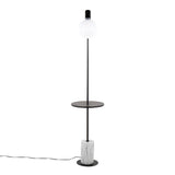 Ana Glam Floor Lamp in Black Metal with White Marble Base, Black Wood Shelf, and White Plastic Shade by LumiSource