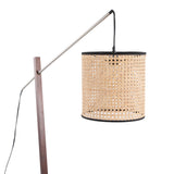 Arturo Contemporary Floor Lamp in Walnut Wood and Satin Nickel with Rattan Shade by LumiSource