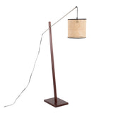 Arturo Contemporary Floor Lamp in Walnut Wood and Satin Nickel with Rattan Shade by LumiSource