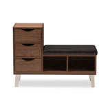 Baxton Studio Arielle Modern and Contemporary Walnut Brown Wood 3-Drawer Shoe Storage Padded Leatherette Seating Bench with Two Open Shelves