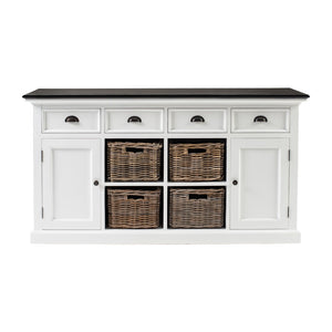 Halifax Contrast Classic White & Black Mahogany, Medium-Density Fibreboard (MDF), Mahogany Veneer, Kubu Rattan & Antique Brass Hardware Buffet with 4 Baskets